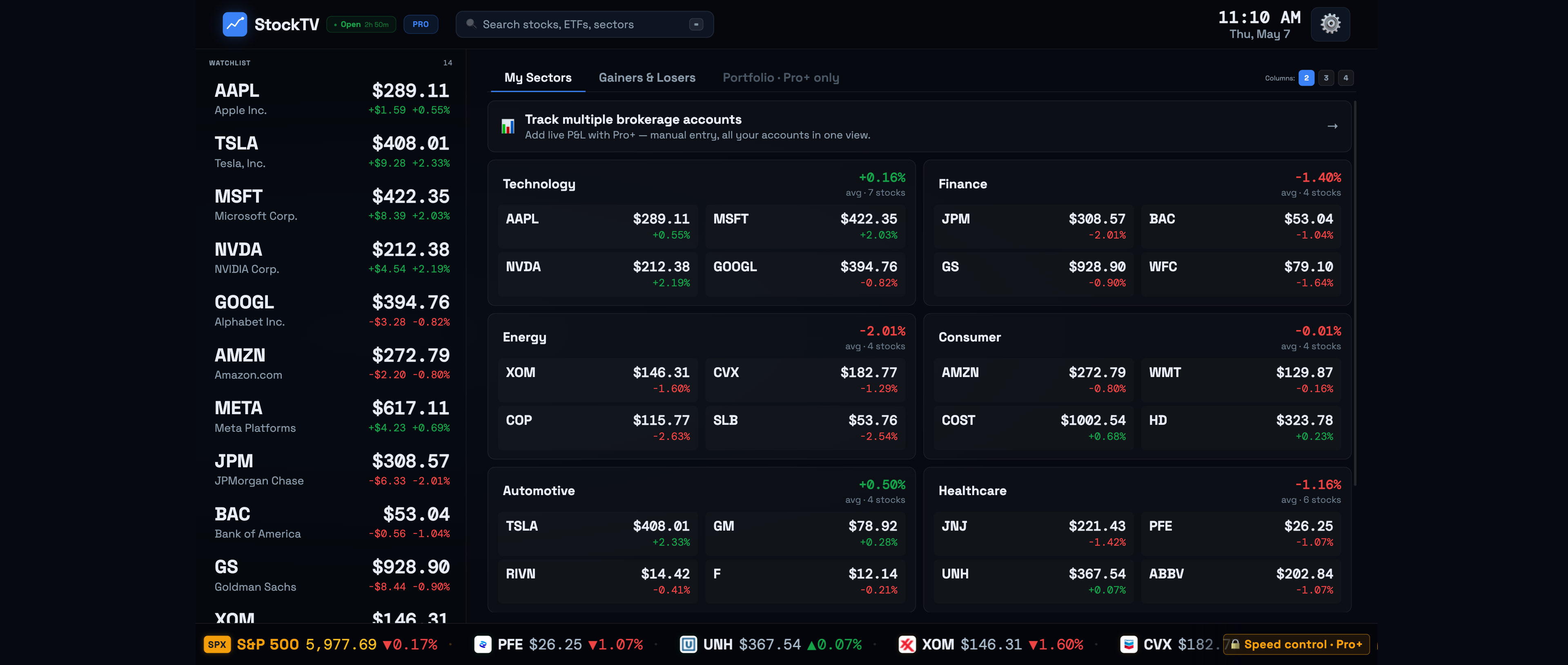 StockTV dashboard showing live watchlist and market tiles on a TV